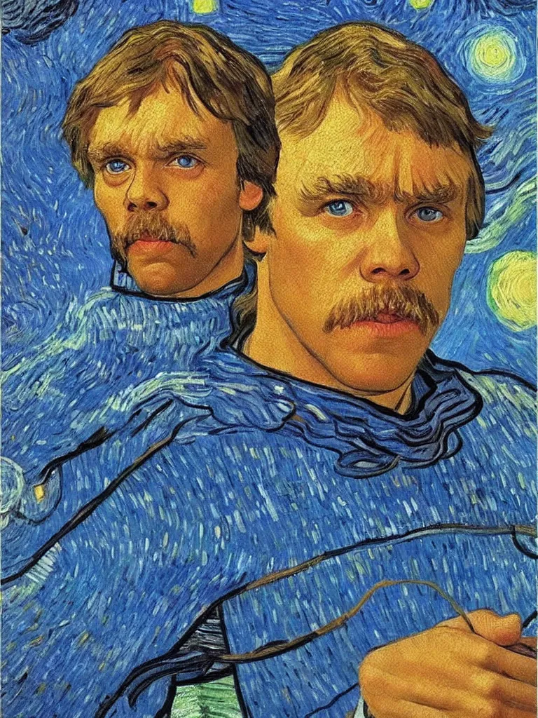 Prompt: bright beautiful oil painting portrait of luke skywalker with a missing ear, light scatter, van gogh