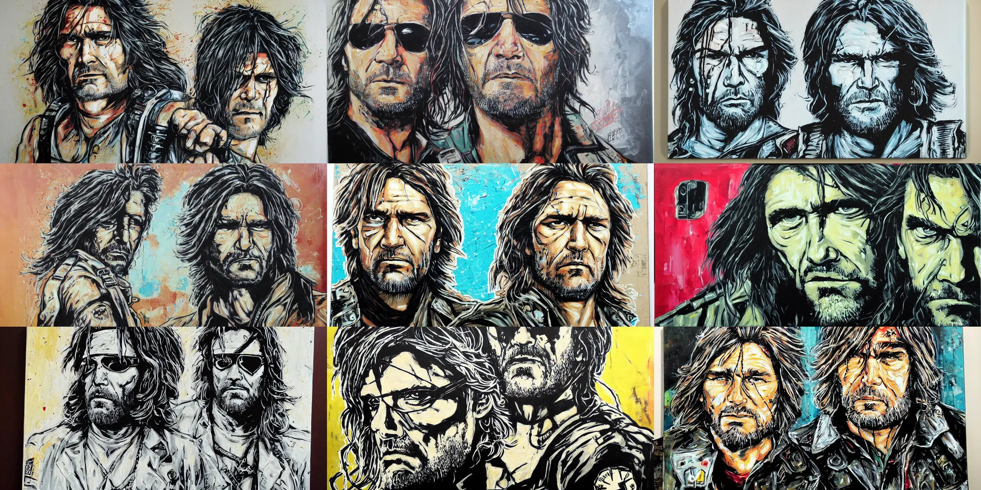 Prompt: a portrait of snake plissken acrylic on canvas by alice pasquini.