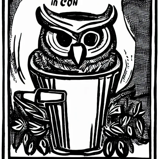 Image similar to black and white comic of a humanoid owl drinking a coffee mug