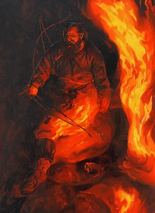 Image similar to portrait of grizzled sailor on sea of black flame, coherent! by brom, deep color, strong line, high contrast