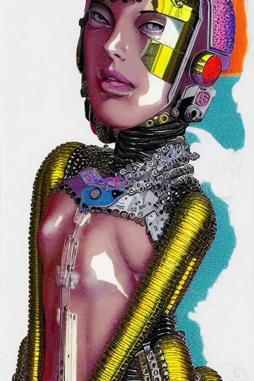 Image similar to risograph grainy drawing vintage sci - fi, satoshi kon color palette, gigantic beautiful bejeweled armored woman full - body covered in colourful gems, 1 9 6 0, kodak, metal wires, natural colors, codex seraphinianus painting by moebius and satoshi kon and alberto mielgoб extreme close - up portrait