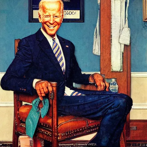 Prompt: a norman rockwell painting of the Joe Biden sitting in a chair, cozy fire, award winning,