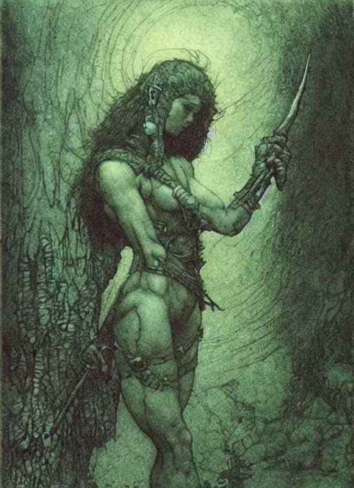 Prompt: short haired barbarian girl by Beksinski and Arthur Rackham