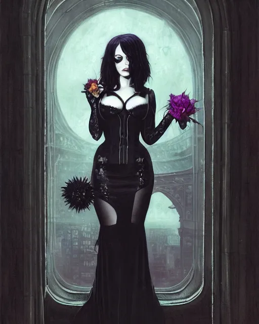 Prompt: sophisticated gothic portrait of christina hendricks aubrey plaza kat denning 1 9 8 0 s flower power goth, very smoky cyberpunk paris bar, elegance, highly detailed, shallow depth of field, artstation, cyberpunk city background, artgerm, donato giancola and joseph christian leyendecker