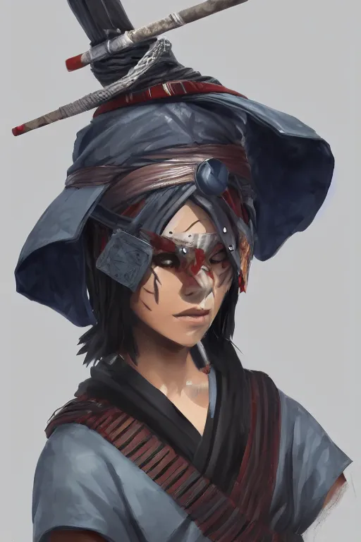 Prompt: native japanese woman dressed like shinobi ninja, rich drapery, hat, focused stare, partially masked, highly detailed, photobash, photorealistic render, trending on artstation, character design, blue background, cinematic lighting, sengoku period