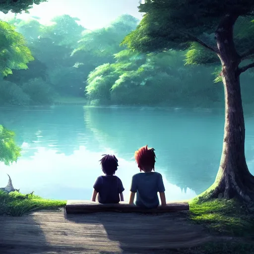 Image similar to a silver dragon and a boy sitting together next to a lake watching firefly at night in forest, concept art, dof, cryengine, digital art, detailed background, makoto shinkai