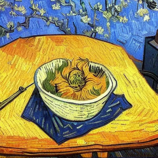 Prompt: vincent van gogh [ within bowl ]!!! resting on table, trending on artstation, cgsociety, [ overhead view ]!!, 4 k quality, intricately defined, professional photography, complexly detailed, polycount