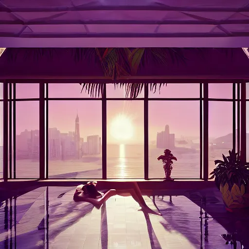 Image similar to indoor liminal space, golden light, peter tarka, palm trees, pink door, minimalistic, hyperrealistic surrealism, award winning masterpiece with incredible details, epic stunning, infinity pool mirrors, a surreal vaporwave liminal space with mirrors, highly detailed, trending on artstation, artgerm and greg rutkowski and alphonse mucha, daily deviation