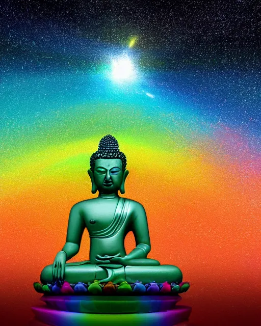 Image similar to the most beautiful star system, sky full of brightly coloured starts, inside of an expansive cave, green tara buddha with a crown of rainbow clouds, coherent design, symmetrical, vivid color, complementary color, golden ratio, detailed, sharp lines, intricate, rainbowshift, by in unreal engine, nvidia, octane render