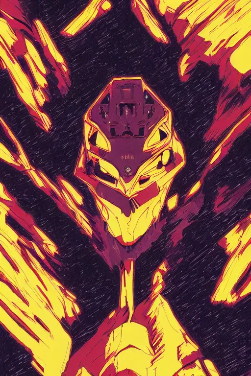 Prompt: a close - up of a evangelion head, drawn by robbie trevino and dan mumford, poster, forty - five degree perspective composition, digital art, comic art, concept art