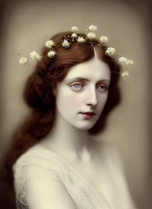 Prompt: portrait photography of a beautiful woman how pre-Raphaelites beauty type in style of Flora Borsi, britt marling style 3/4 , long hair are intricate with highly detailed realistic branches with little gems flowers like a crown, a beautiful ethereal lace transparent white dress, 8K, soft focus, melanchonic soft light, volumetric lighting, highly detailed Realistic, Refined, Highly Detailed, natural outdoor soft pastel lighting colors scheme, outdoor fine art photography