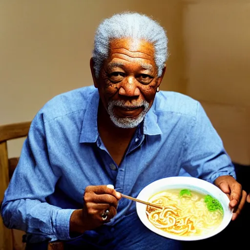 Image similar to Morgan Freeman eating a bowl of ramen