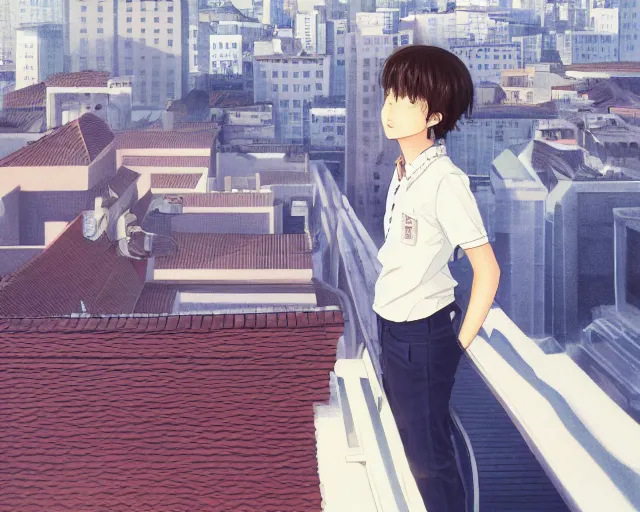 Image similar to teen standing on the roof of a building, wearing white collared shirt, back turned, looking up, illustration, by pine ( ハイネ ) and 薯 子 imoko and 香 川 悠 作 and wlop and maya takamura, highly detailed, trending artstation, pixiv, digital art