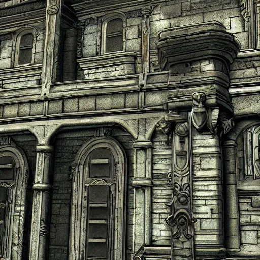 Image similar to entrance of a mansion, gargoyles, plants, highly detailed, realistic, background of resident evil game