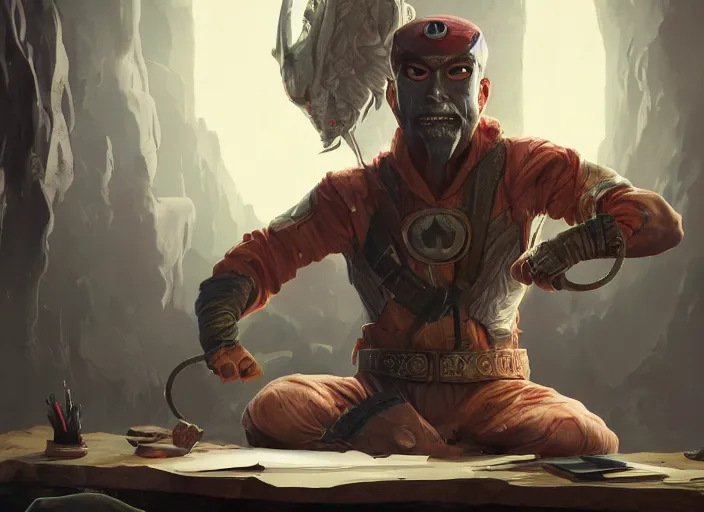 Image similar to an insanely detailed painting of an asian man wearing a homemade superhero costume, sitting at a desk, staring seriously at the computer and typing, in the style of peter mohrbacher, dramatic lighting and composition, surreal background, octane render, pixar, trending on artstation, concept art, comic book, view from behind, 8 k