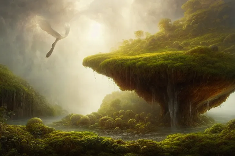 Image similar to floating lands in-clouds, foggy, volumetric fog, sun beams, blooming, birds, giant mushrooms, waterfalls; by Tom Bagshaw, Ivan Shishkin, Hans Thoma, Asher Brown Durand