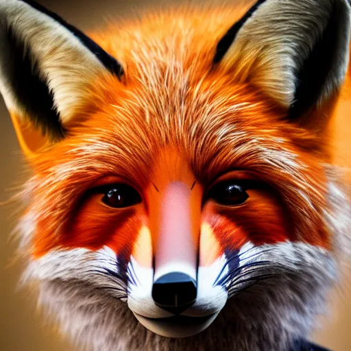 Image similar to portrait of a realistic fox fursuiter at a furry convention, indoors, realisitc photo