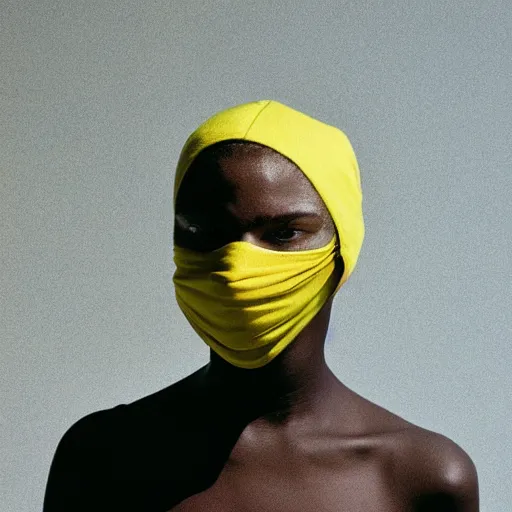 Image similar to realistic photoshooting for a new balenciaga lookbook, color film photography, portrait of a beautiful woman, model is wearing a balaclava mask, in style of tyler mitchell, 3 5 mm,