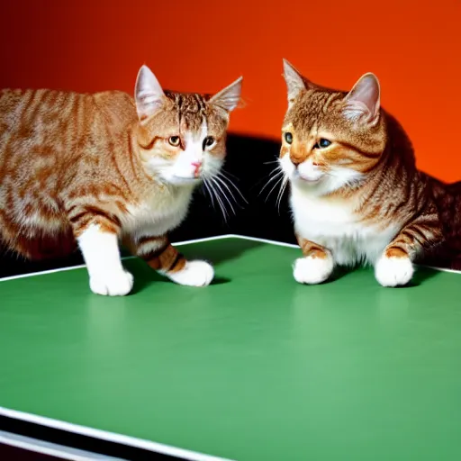 Prompt: Deux chats jouent au ping pong sur un fond orange, hyper realistic, 8K HDR.