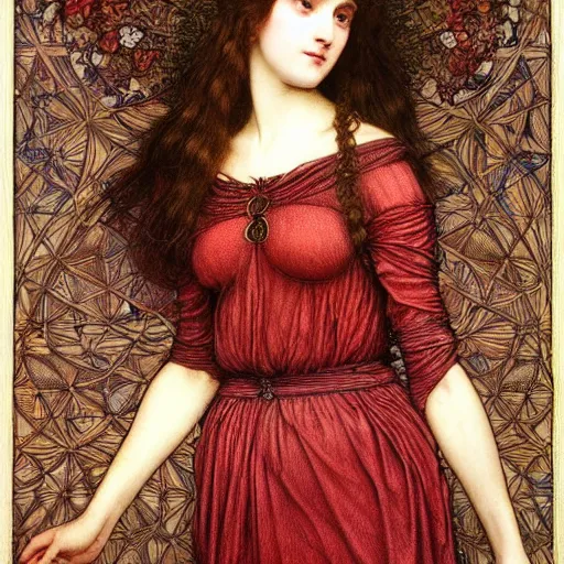 Prompt: Symmetric Pre-Raphaelite painting of a beautiful woman with dark hair in a very detailed silk dark red dress, surrounded by a dark floral frame highly detailed mathematical drawings of neural networks and geometry by Doré and Mucha, by John William Waterhouse, Pre-Raphaelite painting, highly detailed mathematical drawings of geometry