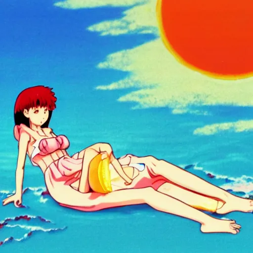 Prompt: girl laying in the sand next to ocean in sunset, sprite, vaporwave nostalgia, directed by beat takeshi, visual novel cg, 8 0 s anime vibe, kimagure orange road, maison ikkoku, initial d, sketch by osamu tezuka, directed by hideki anno