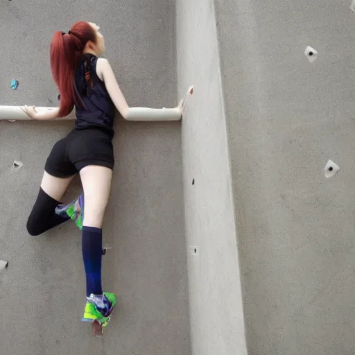 Image similar to anime waifu climbing a wall