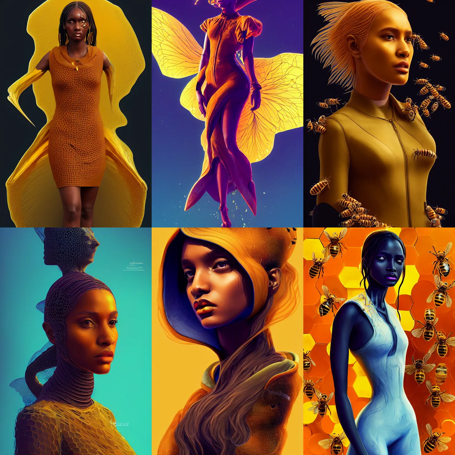 Prompt: 🐝👗👩🏾🦱👾, phantom, dreary, dramatic, fluid, golden ratio, artstation, peter chung + moebius + loish, hd, photorealistic, honeycomb, honey