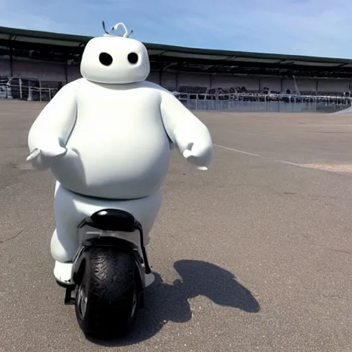 Prompt: Baymax riding a mobility scooter, race track background, photo