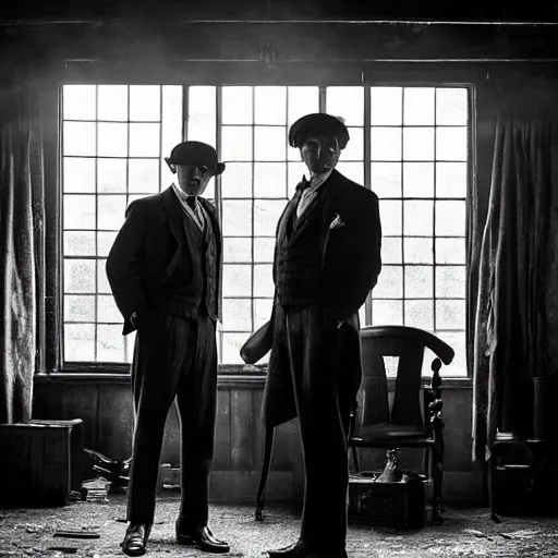 Prompt: a scene from peaky blinders, medium shot, cillian murphy and tom hardy, sharp eyes, serious expressions, detailed and symmetric faces, black and white, playing poker in an abandoned hut, epic photo by talented photographer ansel adams