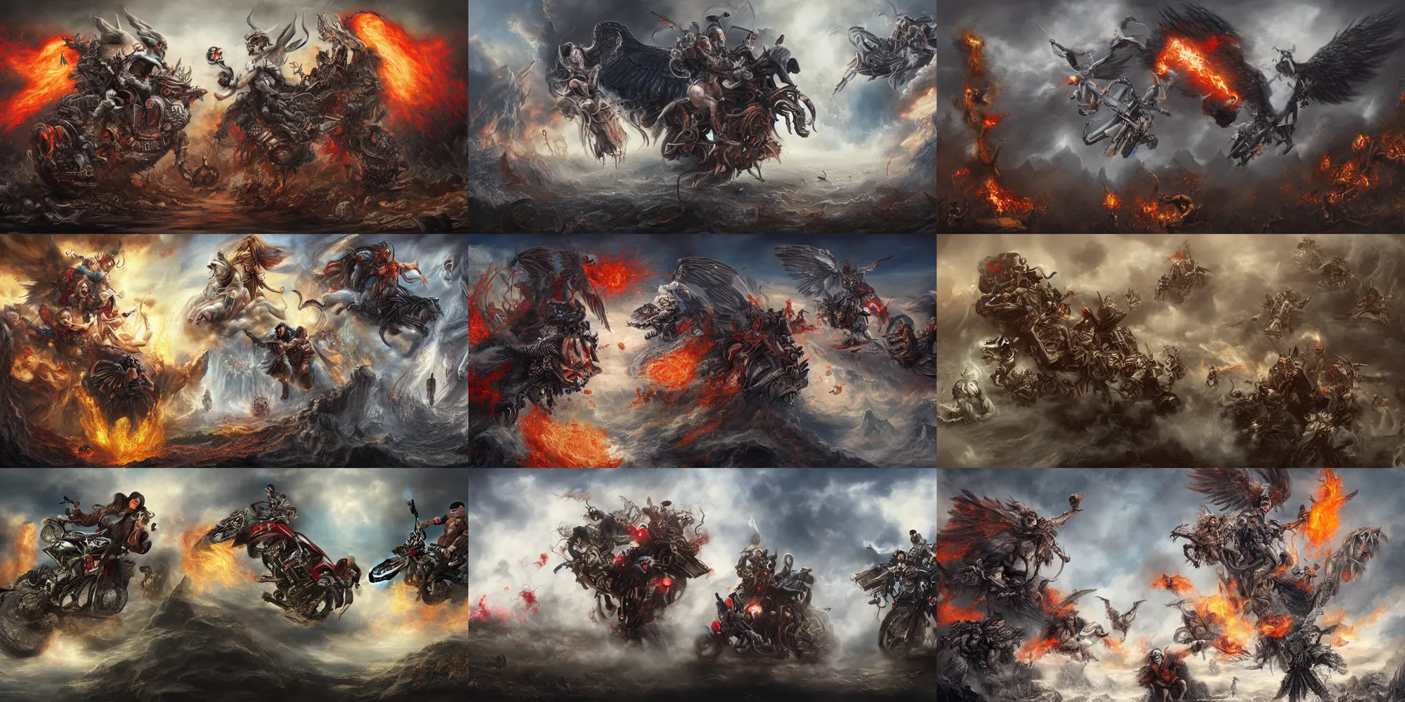 Prompt: a beautiful painting of heaven vs hell, angels vs demons, concept art, detailed, realistic, trending on artstation