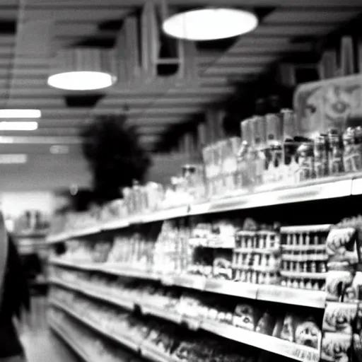 Image similar to cctv camera still of a werewolf shopping in a grocery store