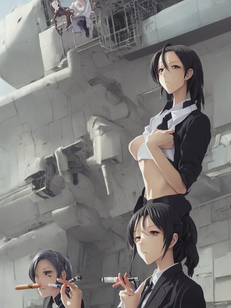 Image similar to Portrait of an anime woman smoking a cigarette, standing in front of a cyborg repair shop, intricate school uniform, whole body, feminine figure, smooth skin, gorgeous, pretty face, beautiful fashion model body, high detail, hyper realistic, while a lone futuristic military cargo ship flies overhead, by Greg Rutkowski and Krenz Cushart and Pan_Ren_Wei and Hongkun_st and Bo Chen and Enze Fu and WLOP and Madhouse Inc., anime style, crepuscular rays, set in rainy futuristic cyberpunk Tokyo street, dapped light, dark fantasy, cgsociety, trending on artstation