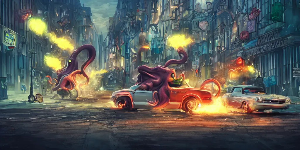 Prompt: Cute Cthulhu throwing a car at Peter Griffin, digital art, dramatic, explosions, street perspective, trending on Artstation, rendered by Octane, 4k wallpaper, look at all that detail, amazing!