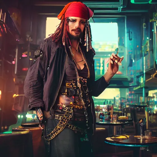 Image similar to a high quality portrait of a beautiful pirate in a cyberpunk cyberpunk cyberpunk cafe, realism, 8k, award winning photo