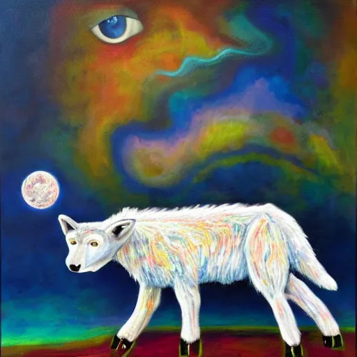 Prompt: an anthromorphic wolf robot using the force to levitate a sheep, by amanda clark in a psychedelic style, oil on canvas