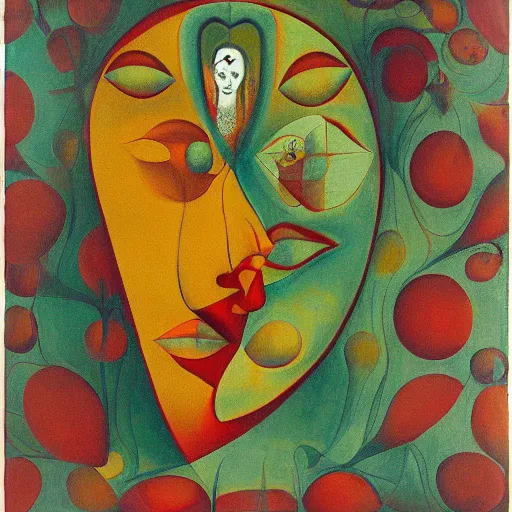 Image similar to floral face portrait by leonetto cappiello and wojciech siudmak and ernst fuchs, anni albers, oil on canvas