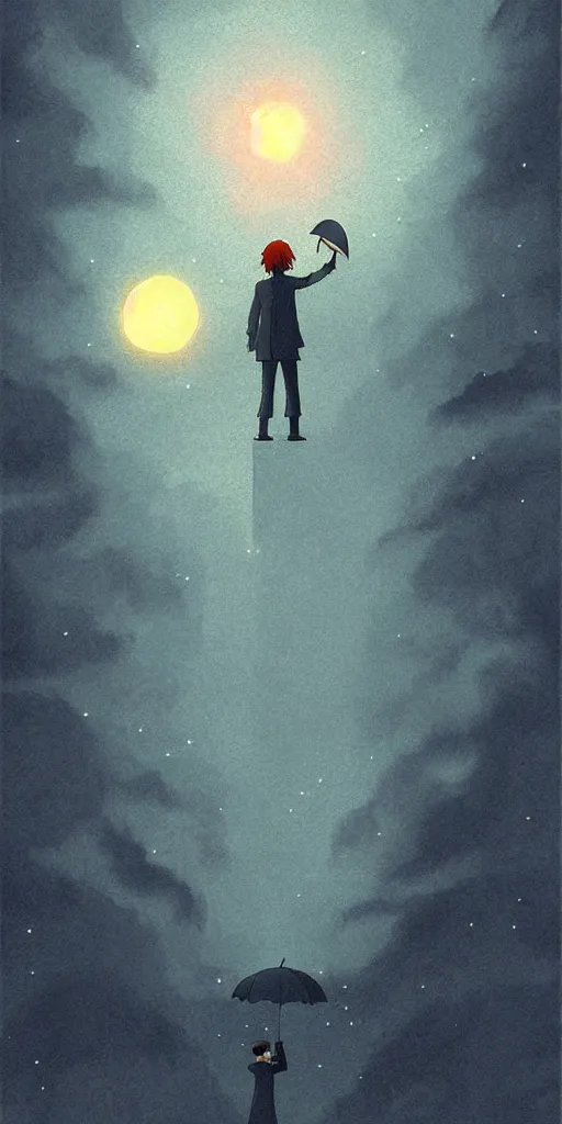 Image similar to a realistic cell - shaded studio ghibli concept art from paprika ( 2 0 0 6 ) of a man with an umbrella standing on a floating cube from close encounters of the third kind ( 1 9 7 7 ) on a misty starry night. very dull colors, hd, 4 k, hq