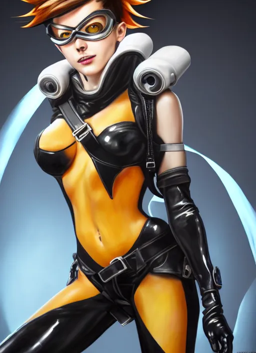 Image similar to oil painting digital artwork of tracer overwatch, confident pose, wearing black iridescent rainbow latex, 4 k, expressive happy smug expression, makeup, in style of mark arian, wearing leather collar, wearing sleek full body armor, black leather harness, expressive detailed face and eyes,