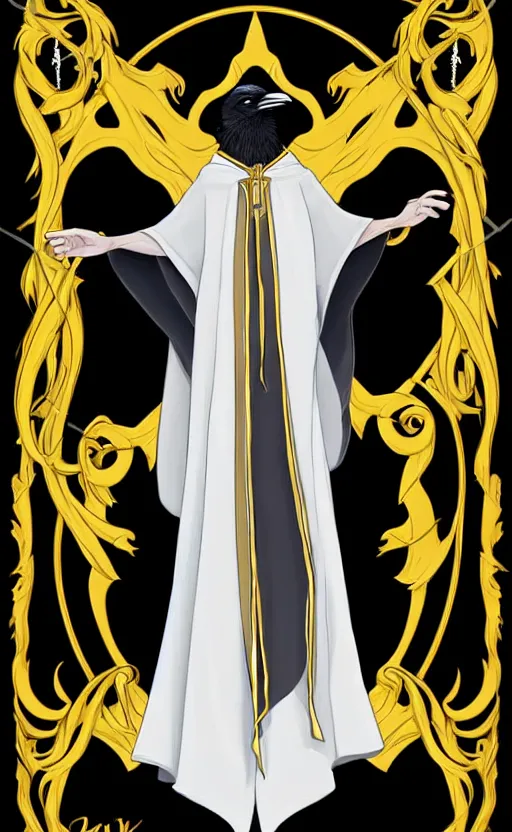 Image similar to raven headed male warlock doing wind magic, white and gold robes, exquisite details, full body character design on a white background, by studio muti