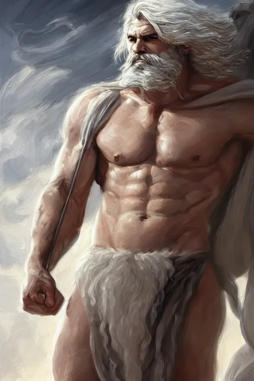 Image similar to painted portrait of rugged zeus, god of thunder, greek god, white hair, masculine, powerful, handsome, upper body, white robe, muscular, hairy torso, fantasy, intricate, elegant, highly detailed, digital painting, artstation, concept art, smooth, sharp focus, illustration, art by gaston bussiere and magali villeneuve