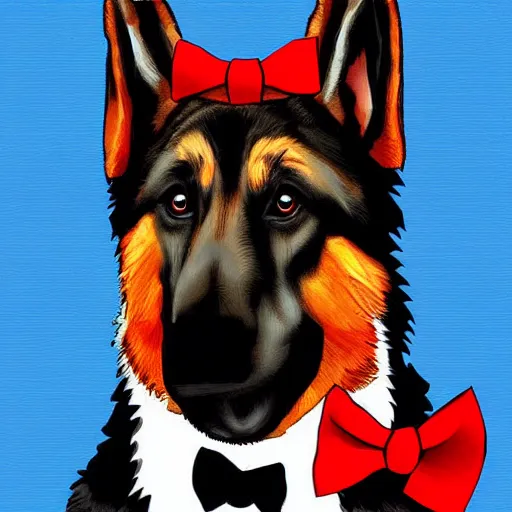 Prompt: german shepherd wearing a tuxedo with a red bow tie, digital art, highly detailed,