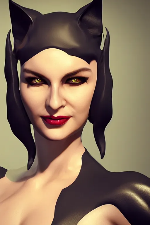 Image similar to 3d render of Catwoman, headshot, photorealistic, concept art, finalRender, octane, Unreal Engine