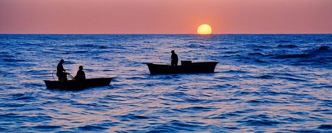 Prompt: fisherman fishing at sea, california, golden hour, hiroshi nagai, ultra long shot