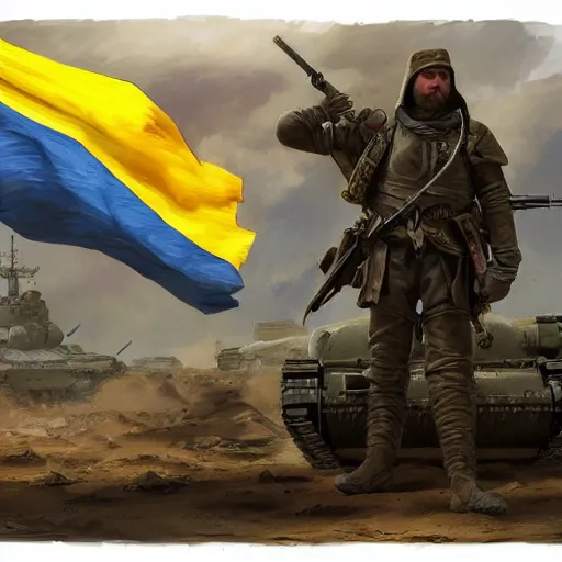 Image similar to a full body shot from distance from behind of a great soldier with a yellow and blue flag standing on a Russian tank in triumph after battle, western, masculine figure, D&D, fantasy, intricate, elegant, highly detailed, digital painting, artstation, concept art, matte, sharp focus, symmetrical, illustration, art by Artgerm and Greg Rutkowski and Alphonse Mucha