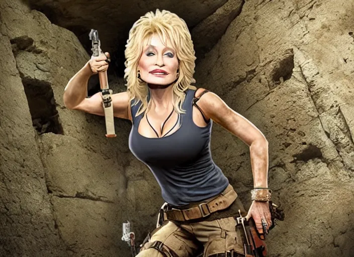 Image similar to film still of!!!! dolly parton!!! as lara croft in new tomb raider movie, 8 k