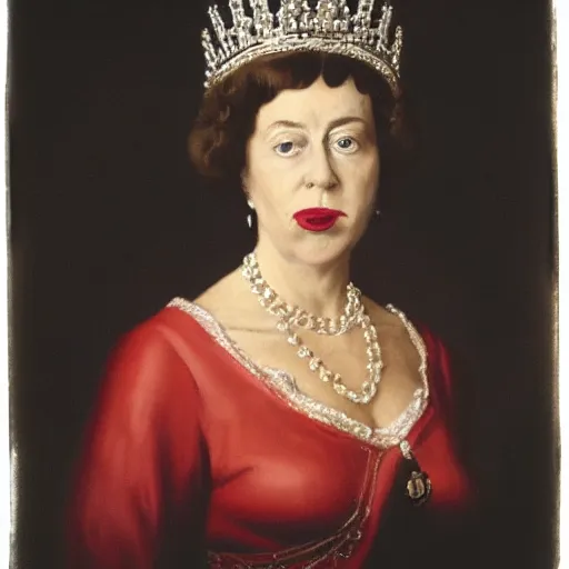 Image similar to portrait of the queen of england with a lit cigarette in her mouth while squinting, portrait, medium shot, gentle studio lighting, professional, tasteful