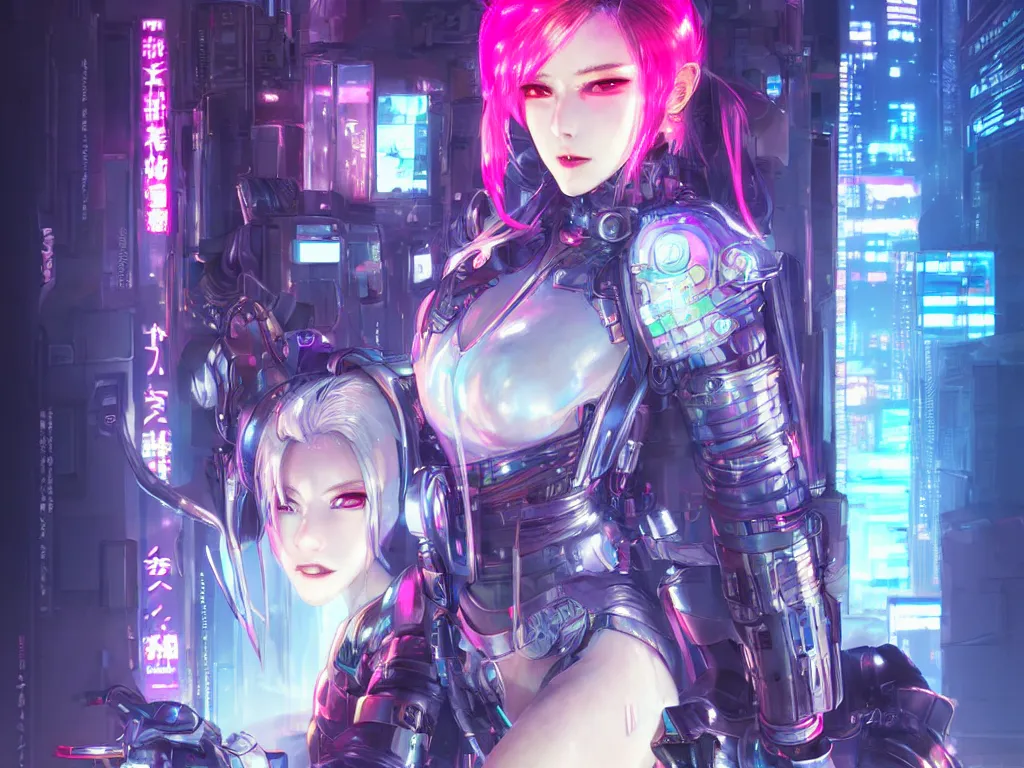 Prompt: portrait anime visual futuristic female cyber warrior, on cyberpunk neon light tokyo rooftop, ssci - fi and fantasy, intricate and very beautiful, concept art, smooth, illustration, art by rossdraws and luxearte and liya nikorov and taekwon kim / a - rang and rongzhen luo