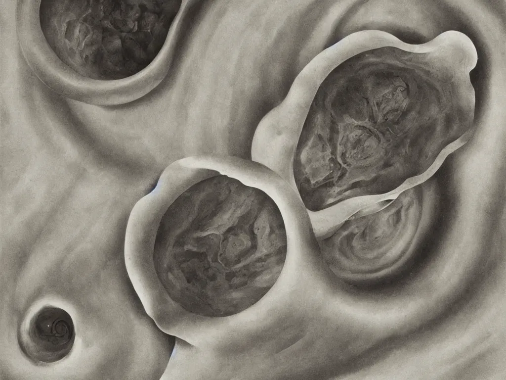 Image similar to Landscape hidden inside a conch shell. Long circular ridges, mollusk eyes. Painting by Georgia O'Keefe, Karl Blossfeldt, Caspar David Friedrich