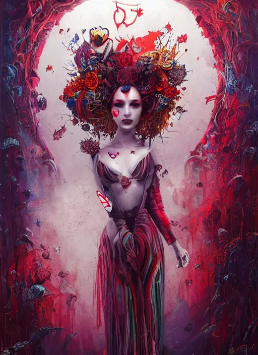 Image similar to queen of hearts, solarpunk style, highly detailed, cinematic, 8 k, by megan duncanson, benjamin lacombe, adrian borda, stanley artgermm, tom bagshaw, craig mullins, carne griffiths, ayami kojima, beksinski, giger, trending on deviantart, hyper detailed, horror, full of colour