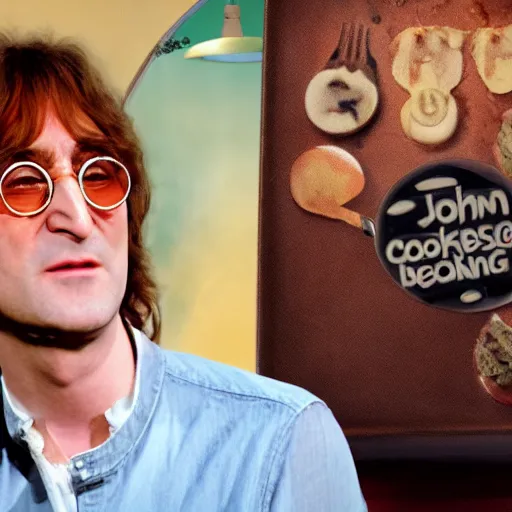 Image similar to john lennon on a cooking show, hd, 4 k, hyper realistic, intricate detail